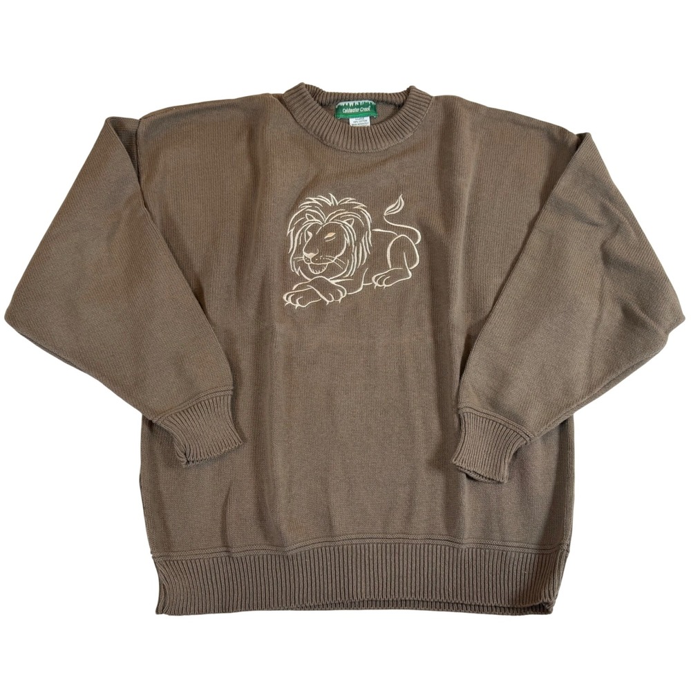 Vtg Lion Sweater XL Brown Cotton Knit Embroidered USA Safari Grunge Jumper